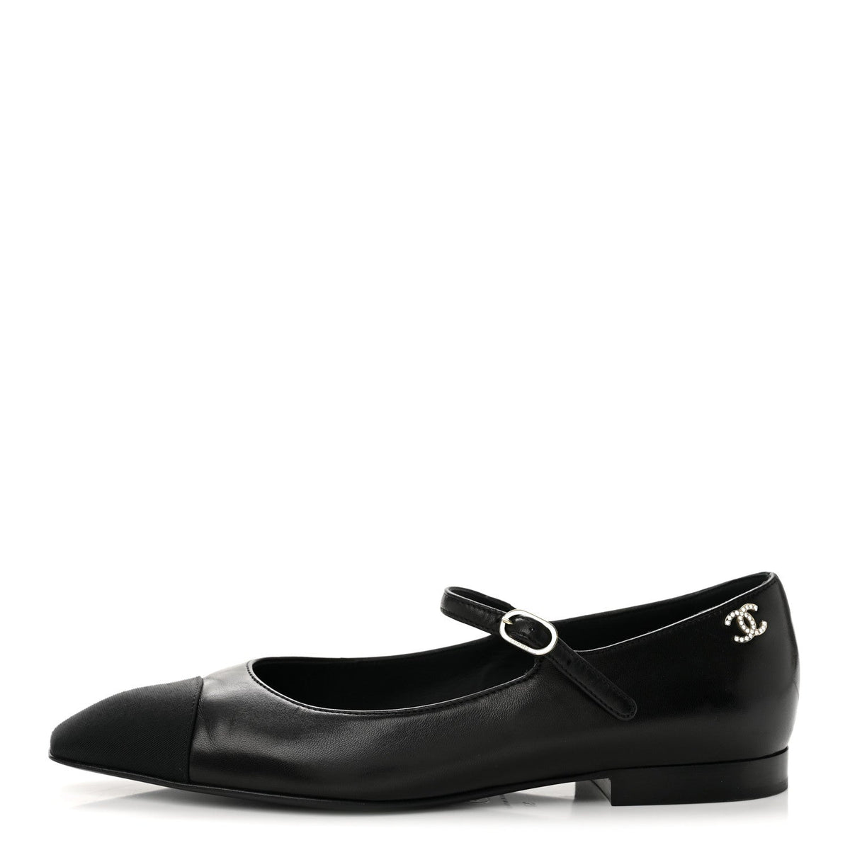 Lambskin Grosgrain Cap Toe CC Mary Jane Flats Black