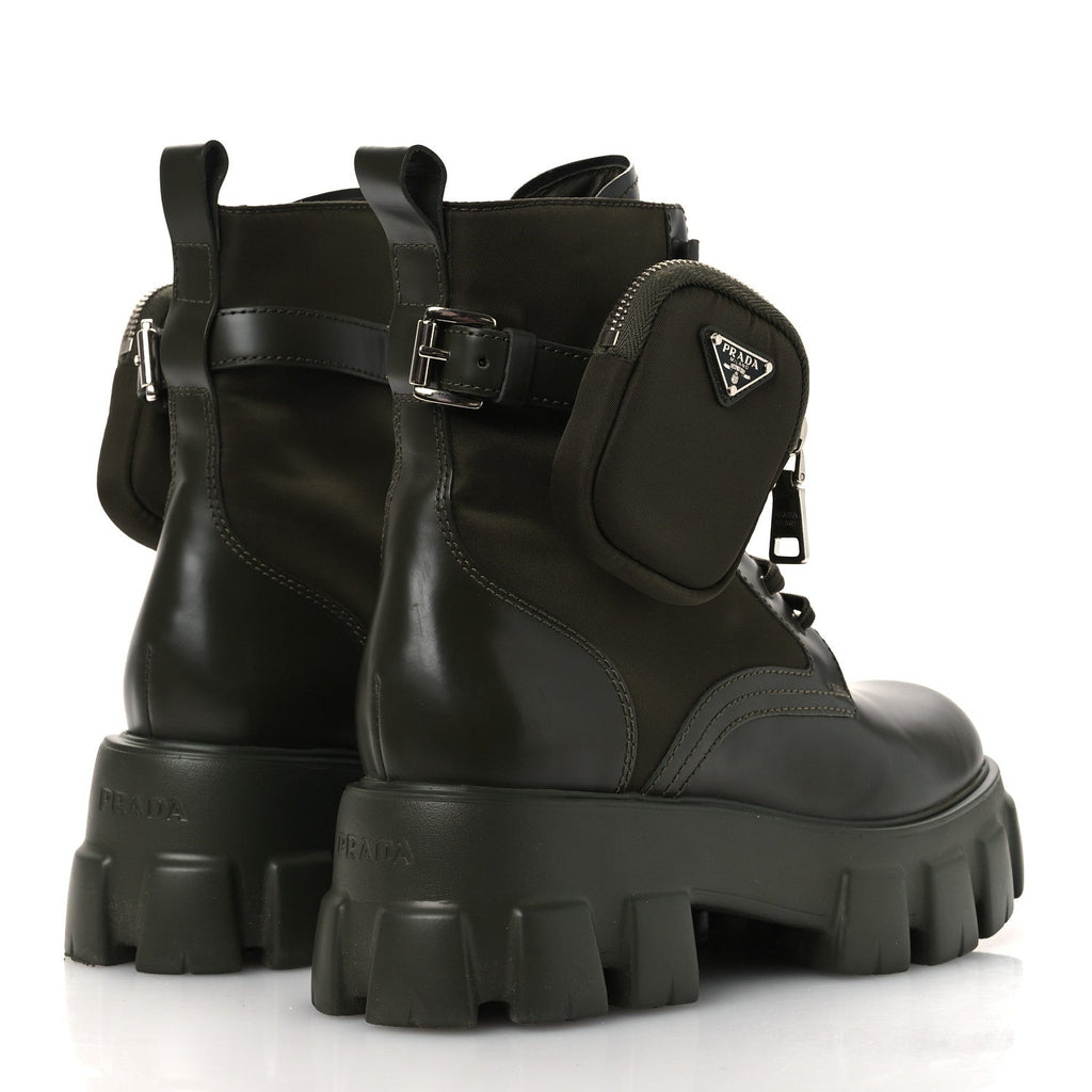 Prada Spazzolato Rois Re-Nylon Women's Monolith Boots 40 Militare