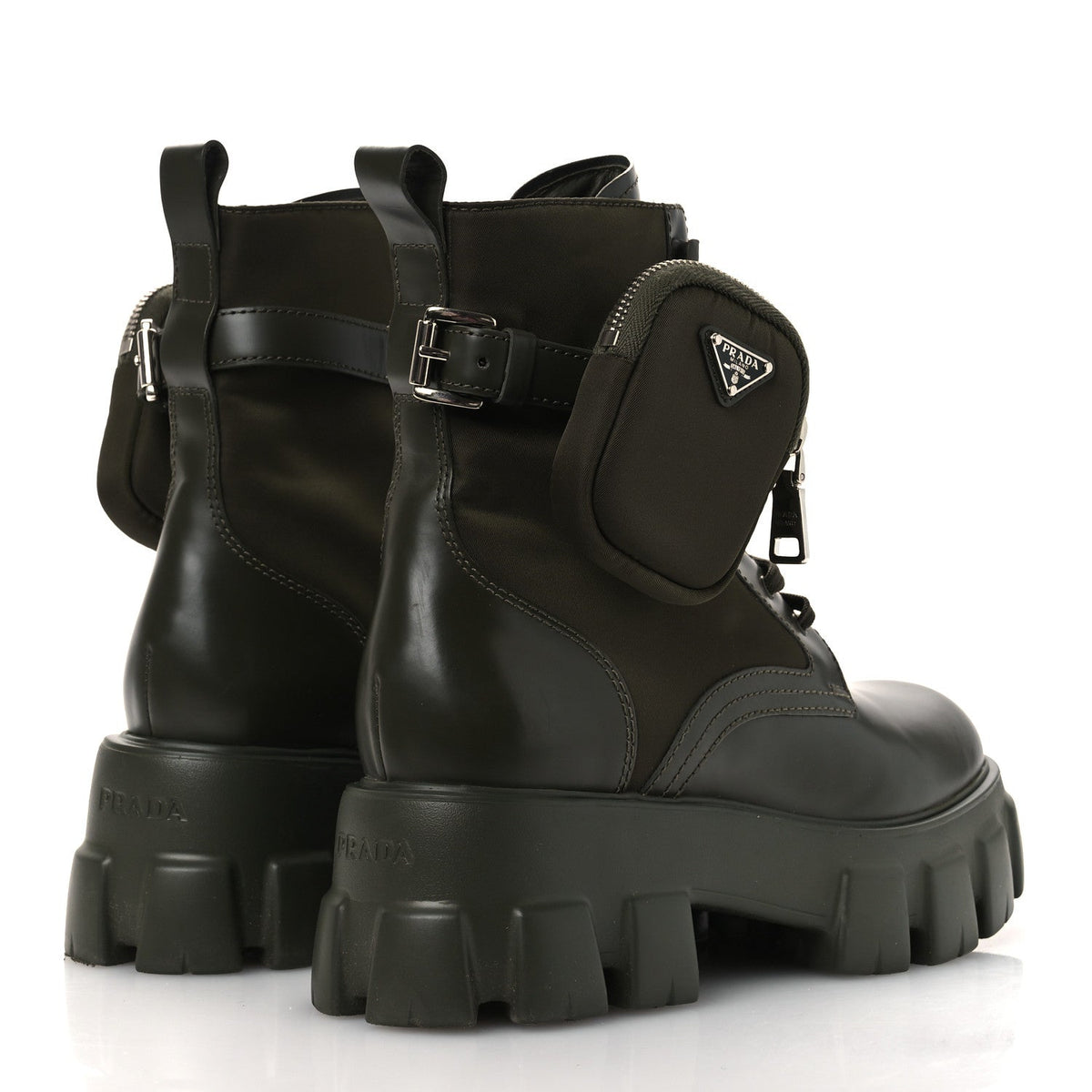 Prada Spazzolato Rois Re-Nylon Women's Monolith Boots 40 Militare