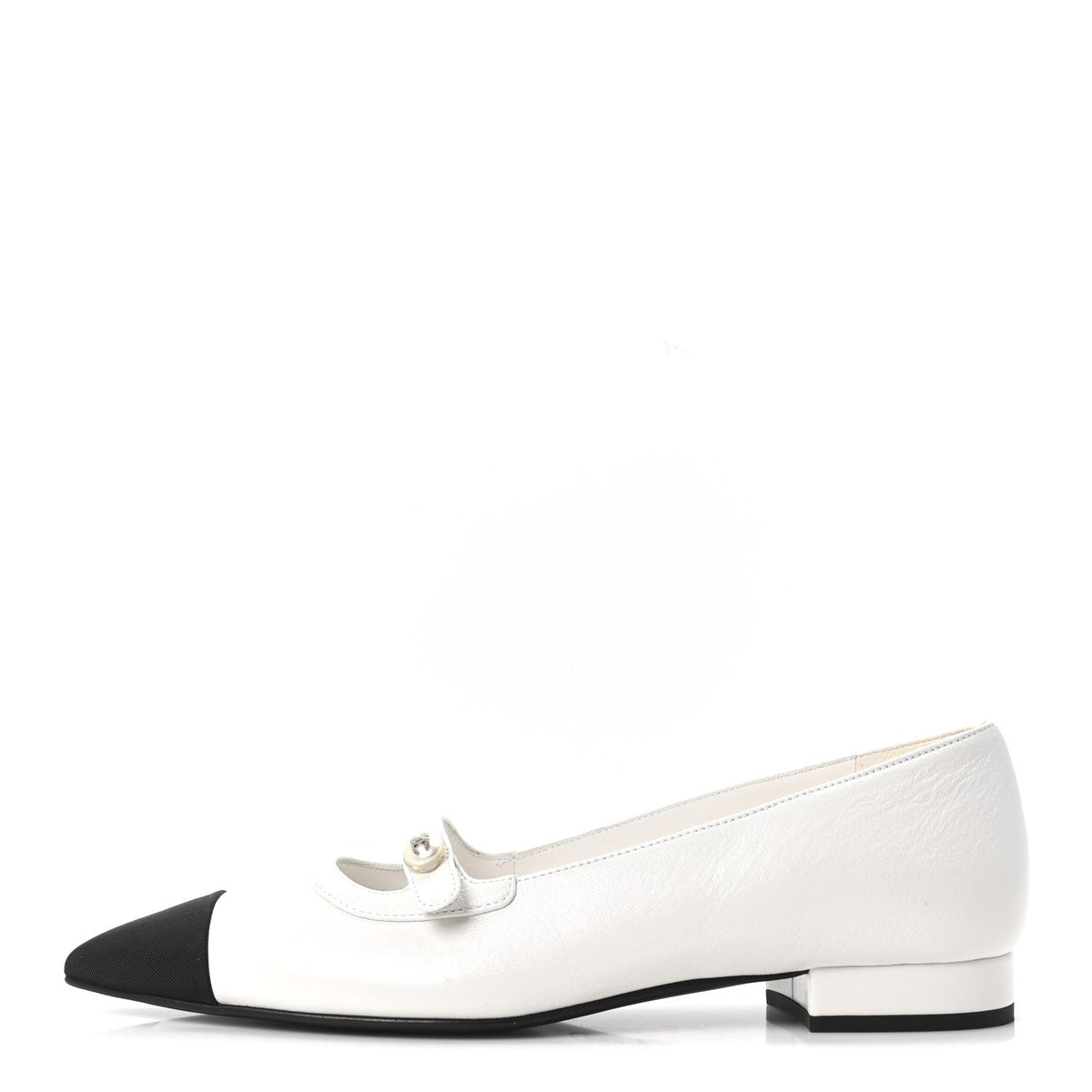 Chanel Lambskin Grosgrain Women's Pearl Mary Janes Flats 37.5 White Black