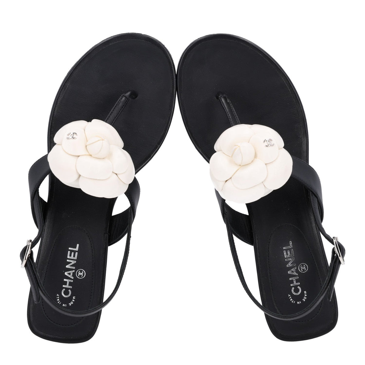 Chanel Lambskin Camellia Women's Thong Sandals 36.5 Black White