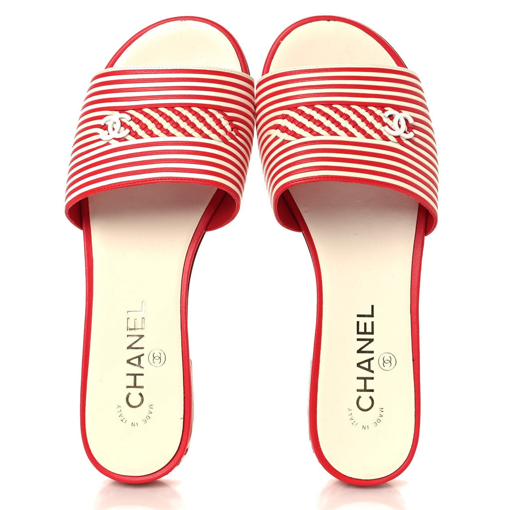 Chanel Lambskin Women's Braided CC Sandals 38.5 White Red