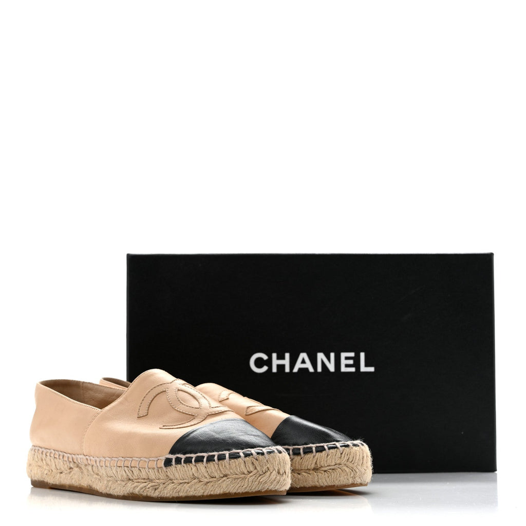 Chanel Lambskin Women's CC Espadrilles 37 Beige Black