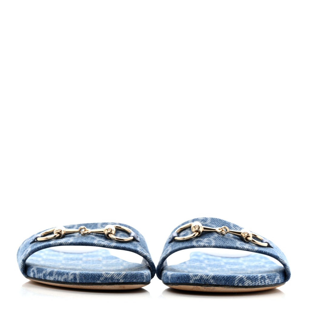 Gucci Denim Women's GG Monogram Horsebit Flat Slide Sandals 36 Blue