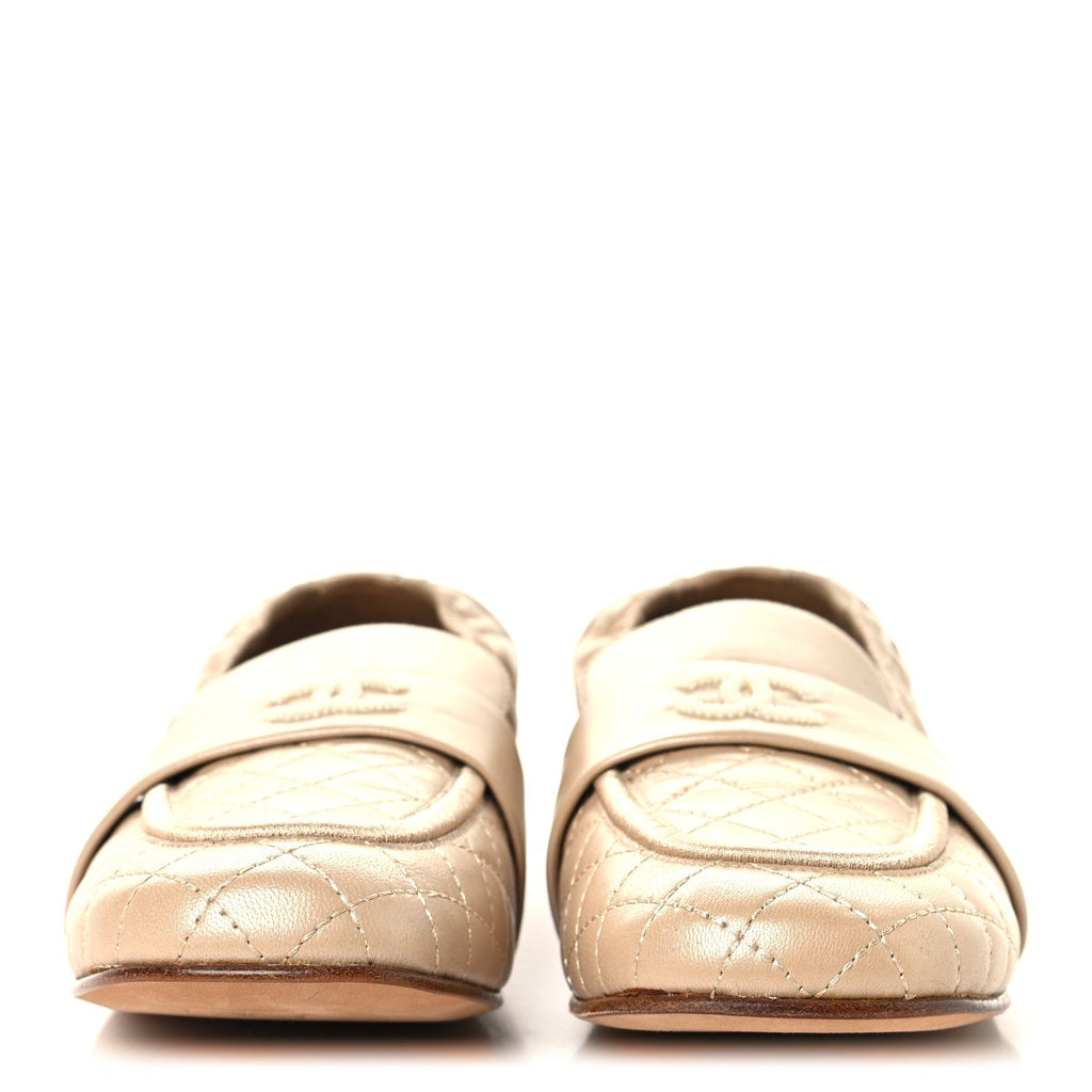Chanel Laminated Lambskin Quilted Elastic CC Women's Loafers Beige