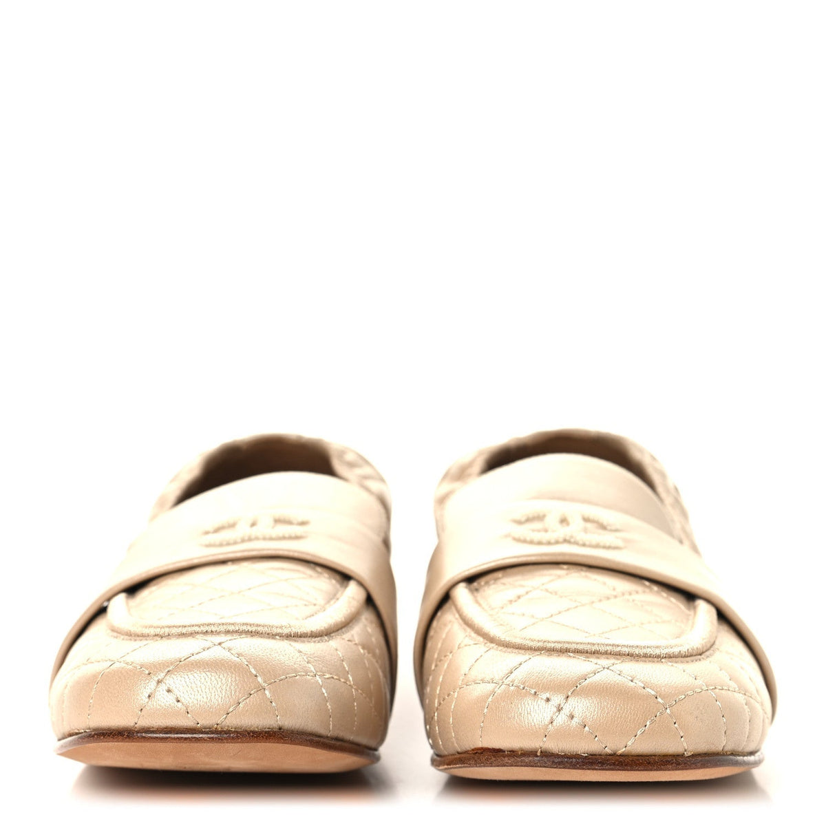 Chanel Laminated Lambskin Quilted Elastic CC Women's Loafers Beige