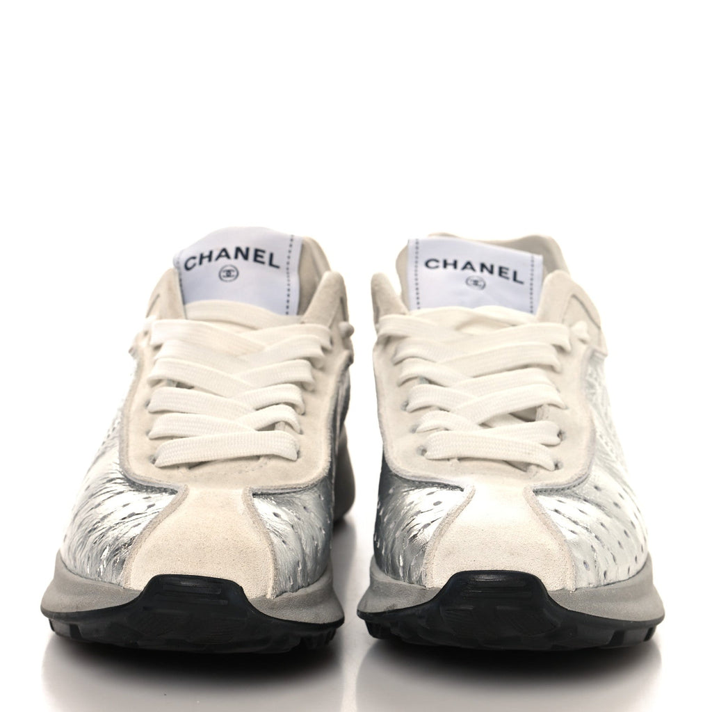Chanel Laminated Calfskin Suede Women's CC Sneakers 39.5 Silver Light Grey
