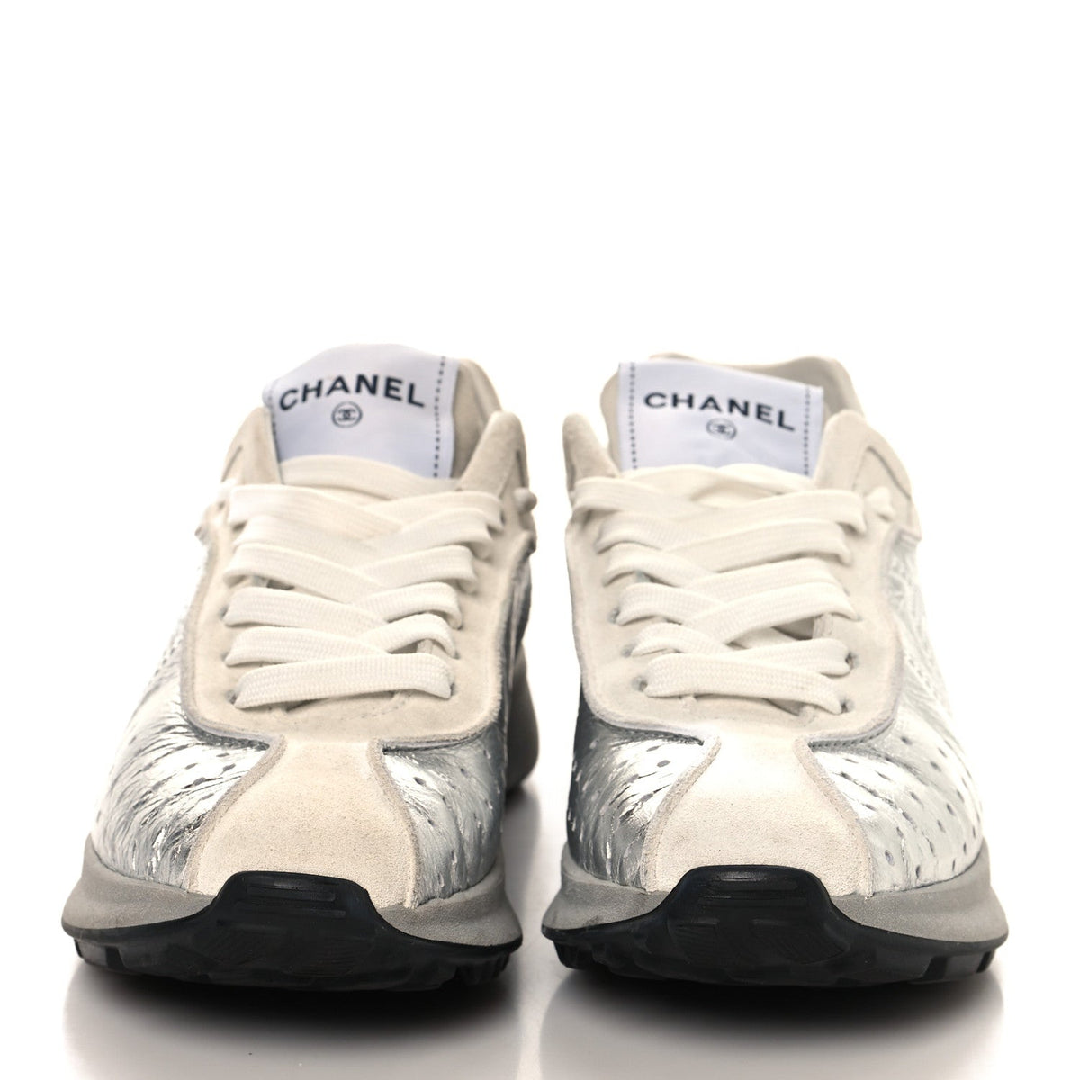 Chanel Laminated Calfskin Suede Women's CC Sneakers 39.5 Silver Light Grey