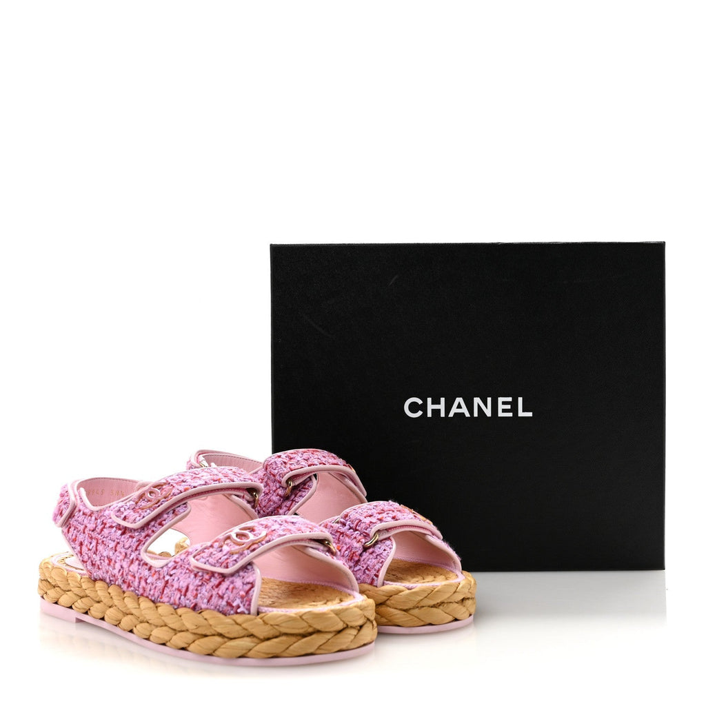 Chanel Tweed Patent Calfskin Women's Velcro Dad Sandals 38.5 Light Purple Pink Red