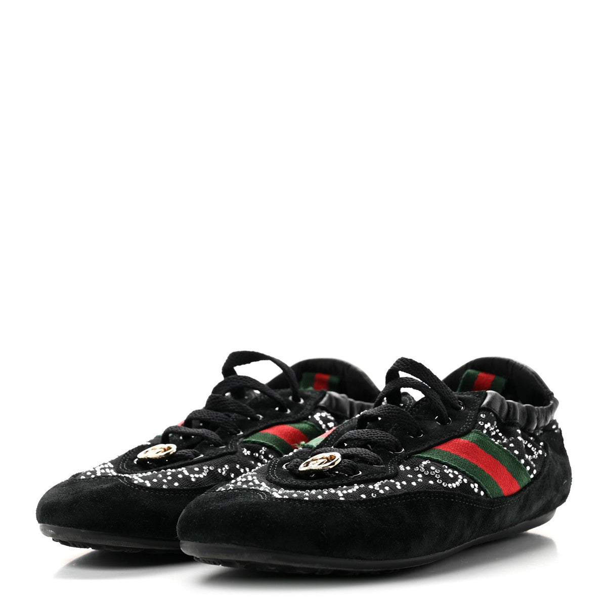 Gucci Suede Canvas Women's GG Monogram Crystal Web Sneakers 36 Black