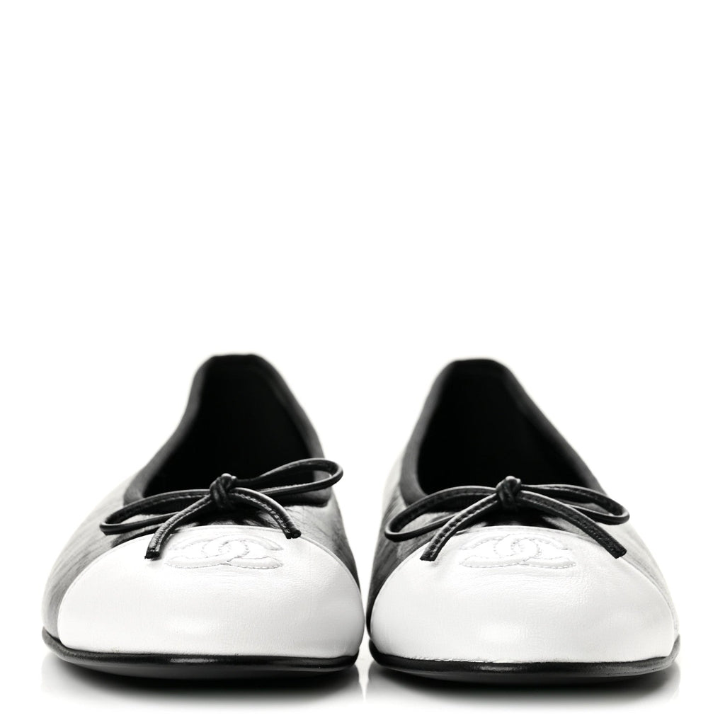 Chanel Crumpled Lambskin CC Cap Toe Women's Ballerina Flats Black White