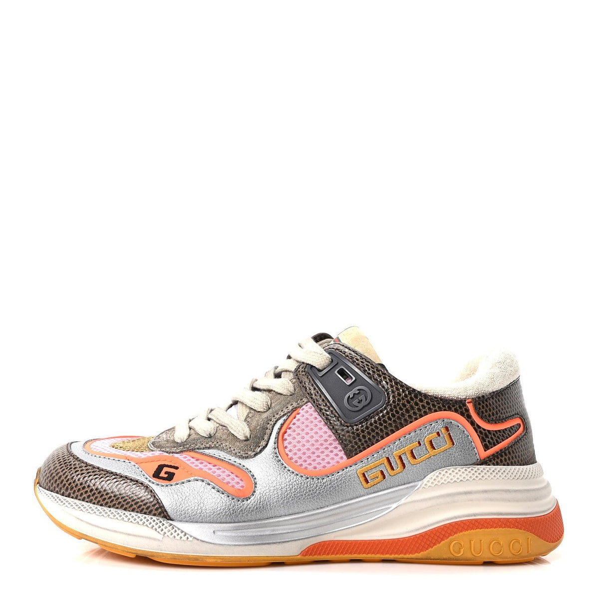 Gucci Calfskin Suede Mesh Women's Ultrapace Sneakers 37 Silver Anthracite Neon Orange