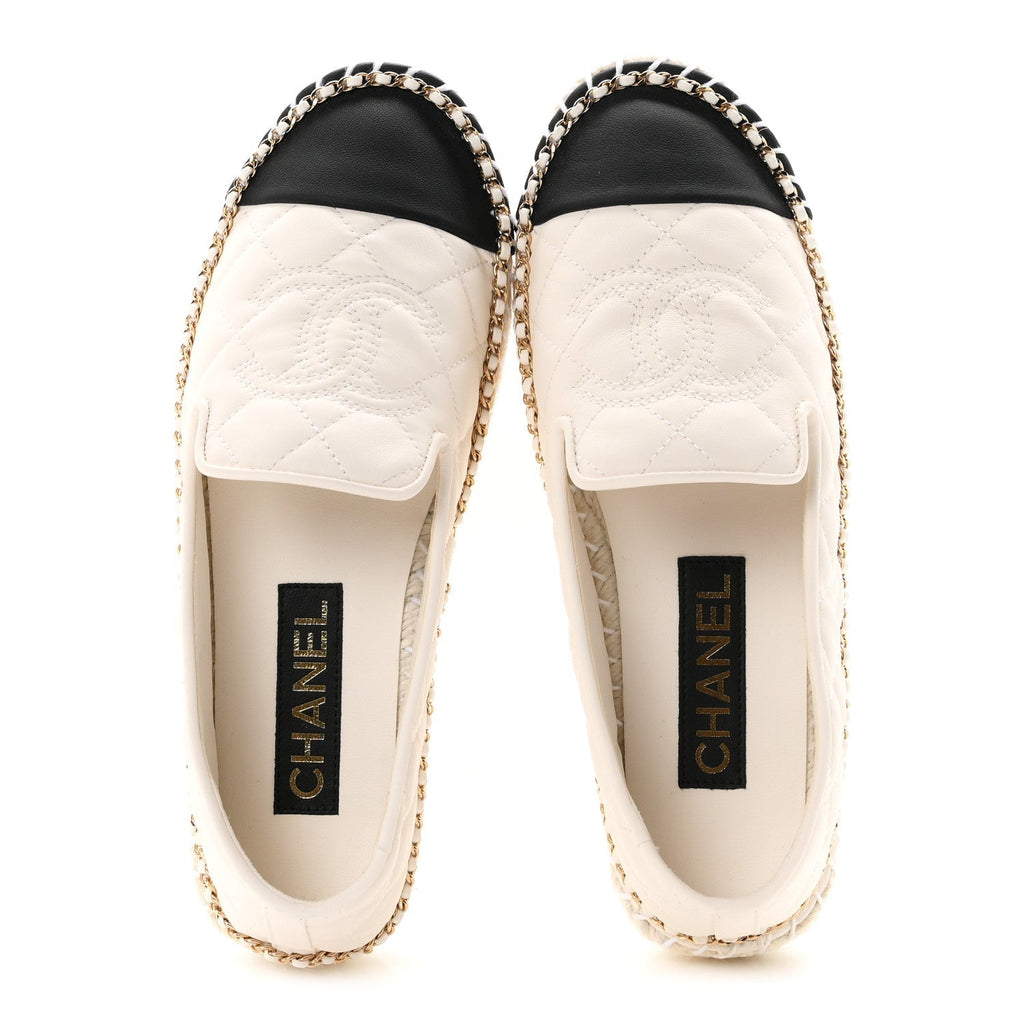 Chanel Shiny Lambskin Grosgrain CC Women's Espadrilles White Black