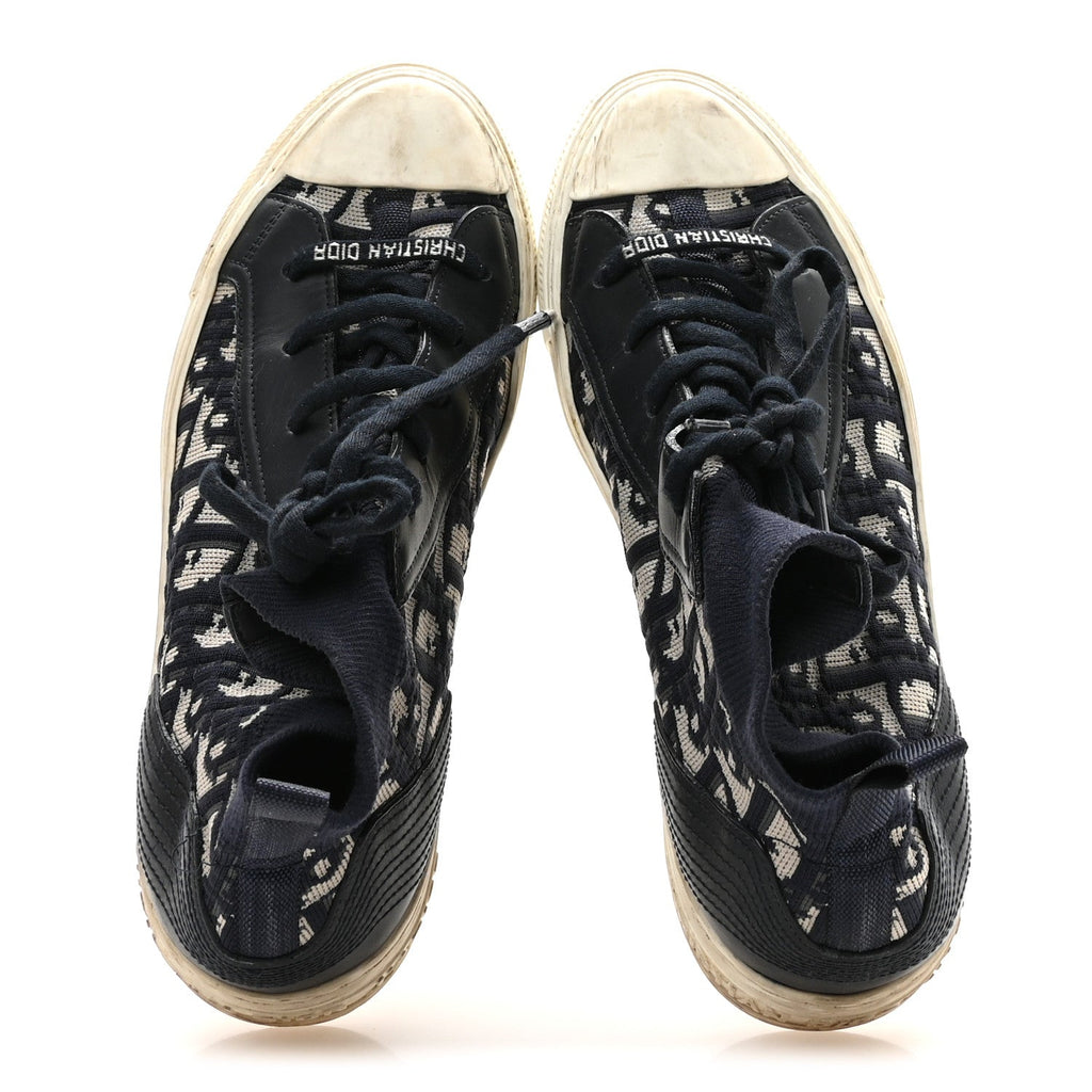 Christian Dior Technical Knit Calfskin Oblique Women's Walk'n Dior Mid Top Sneakers 35 Deep Blue