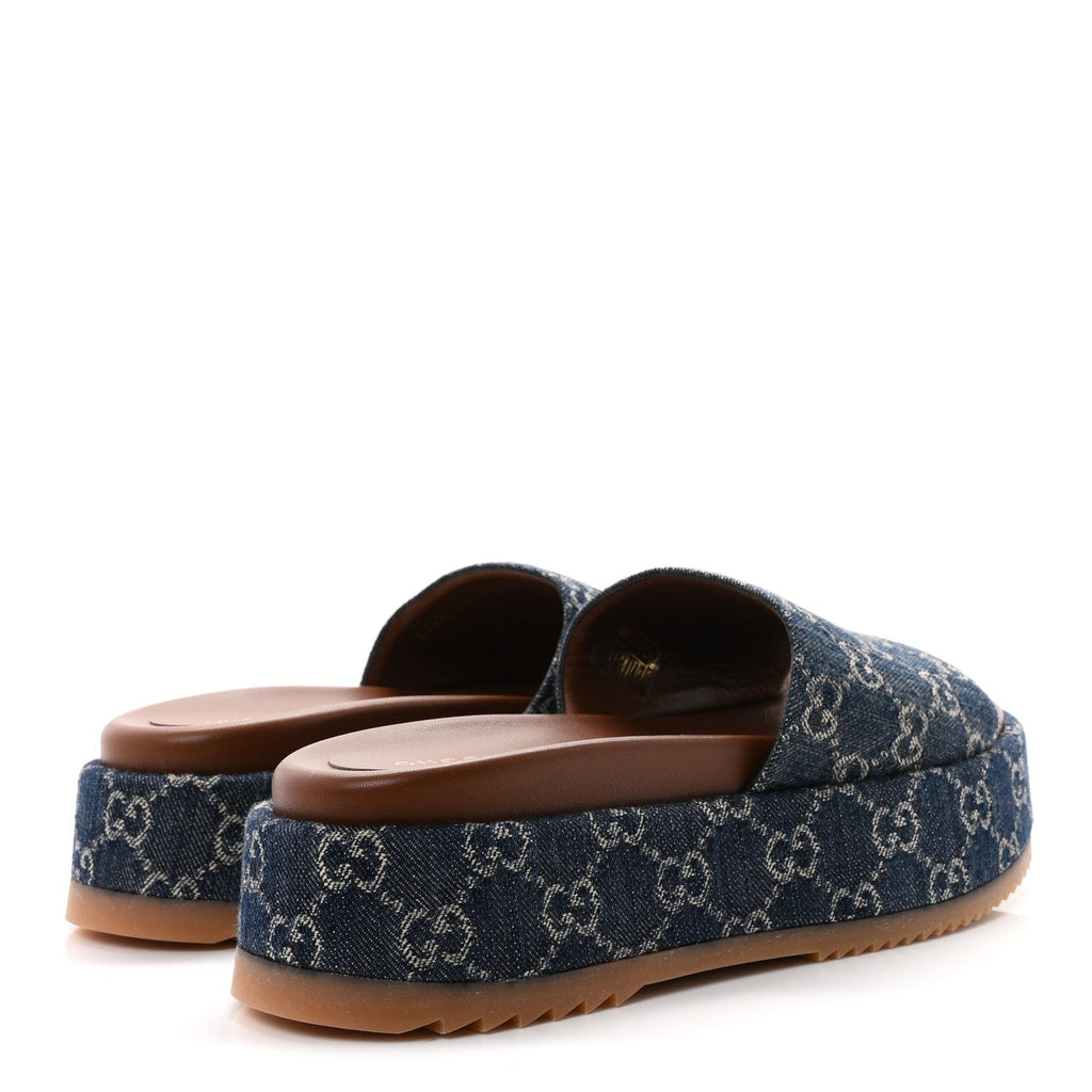Gucci Denim Women's GG Monogram Angelina Platform Slide Sandals 40.5 Blue Tea