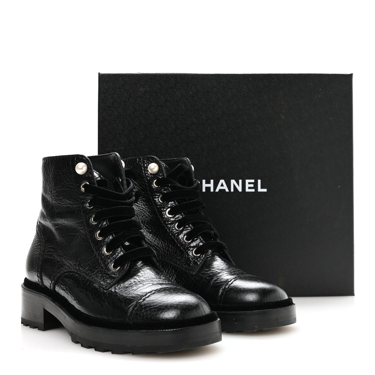 Chanel Shiny Calfskin Velvet Women's Combat Short Boots 37.5 Black