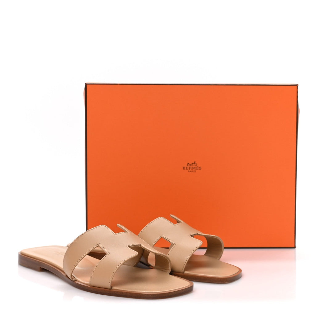 Hermes Box Calfskin Women's Oran Sandals 39 Camel