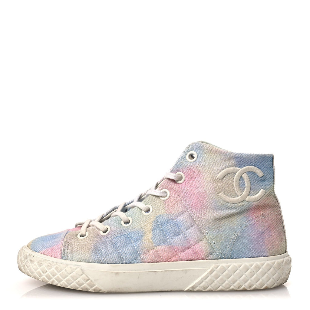 Chanel Printed Fabric Women's High Top CC Sneakers 39 Green Pink Blue White