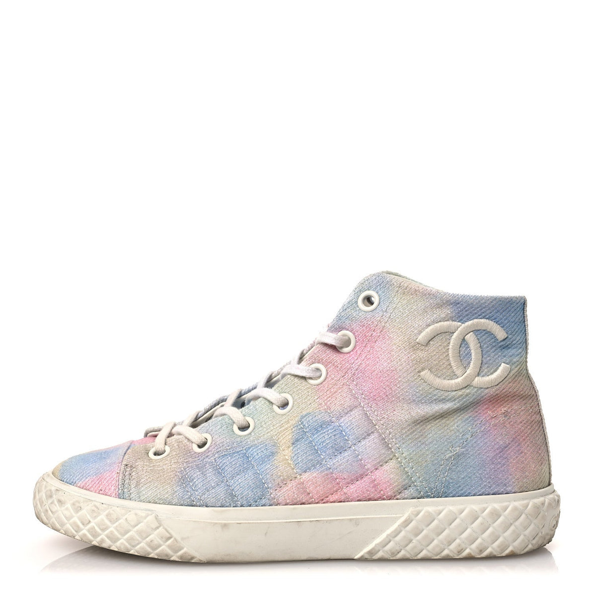 Chanel Printed Fabric Women's High Top CC Sneakers 39 Green Pink Blue White