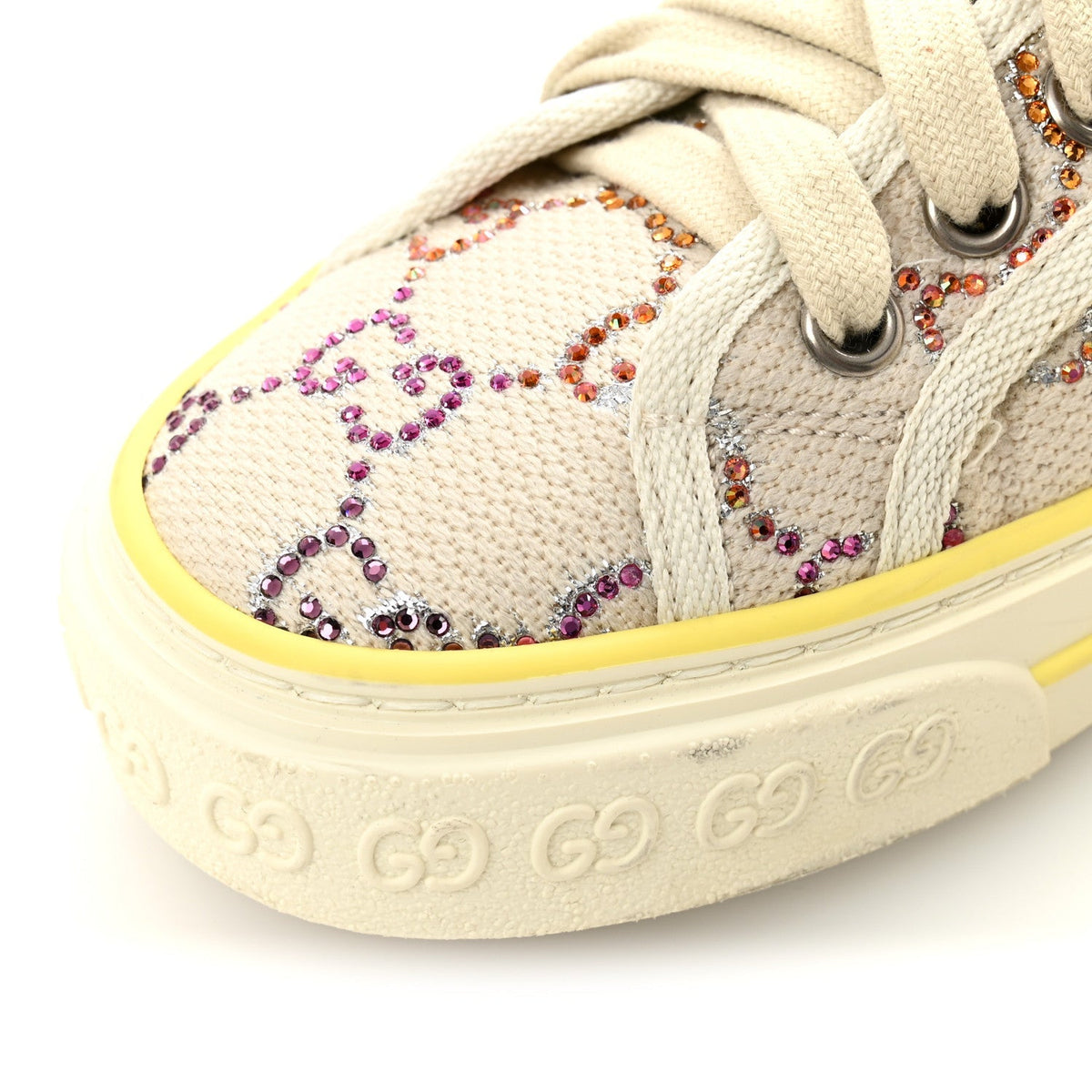 Gucci Canvas Lame Crystal Women's 1977 Tennis Sneakers 36 Gardenia Silver Mystic White