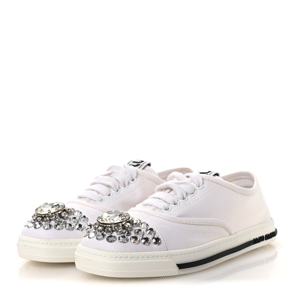 Miu Miu Gabardine Women's Crystal Low Sneakers 35 Bianco
