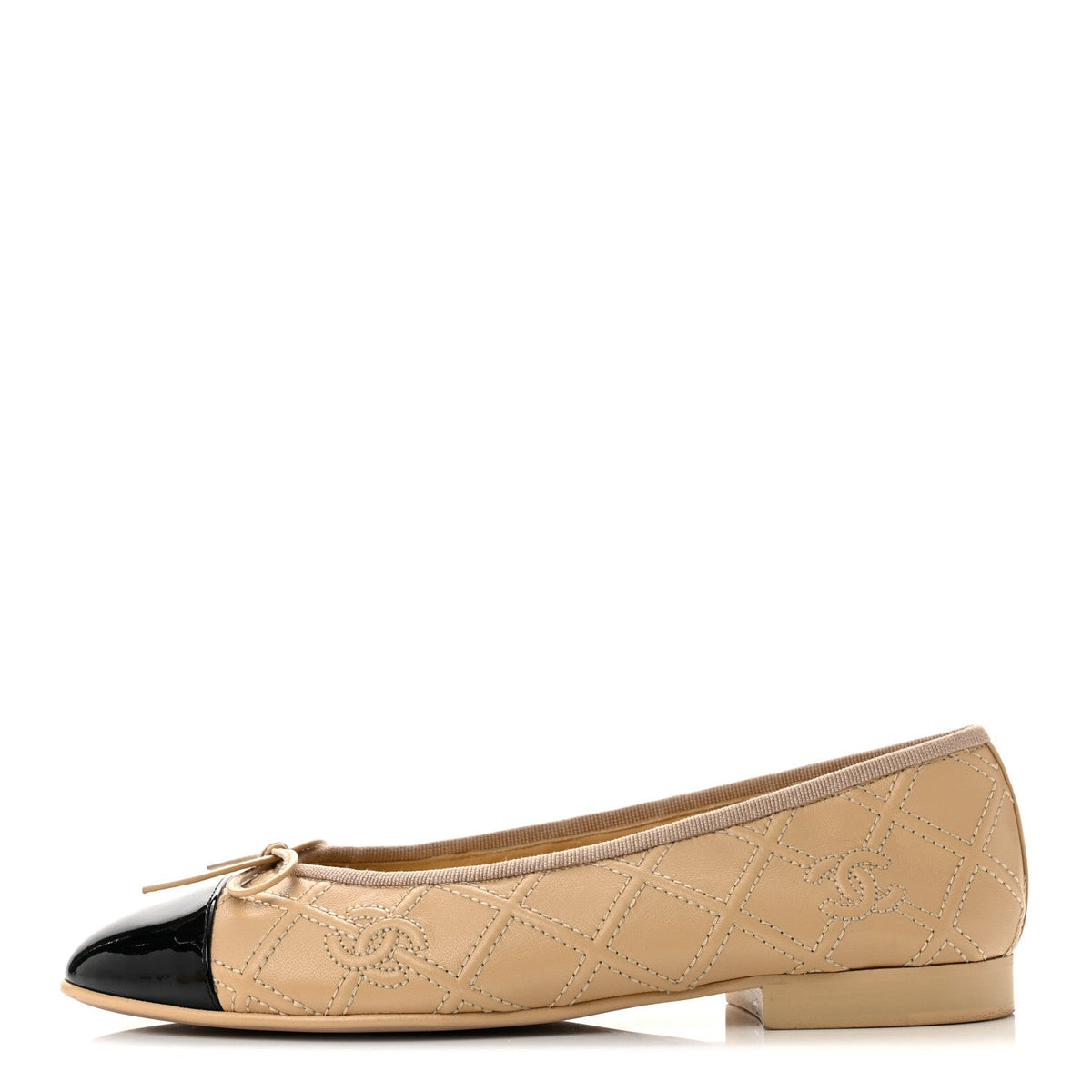 Chanel Lambskin Patent Women's Double Stitched CC Cap Toe Ballerina Flats 37 Beige Black