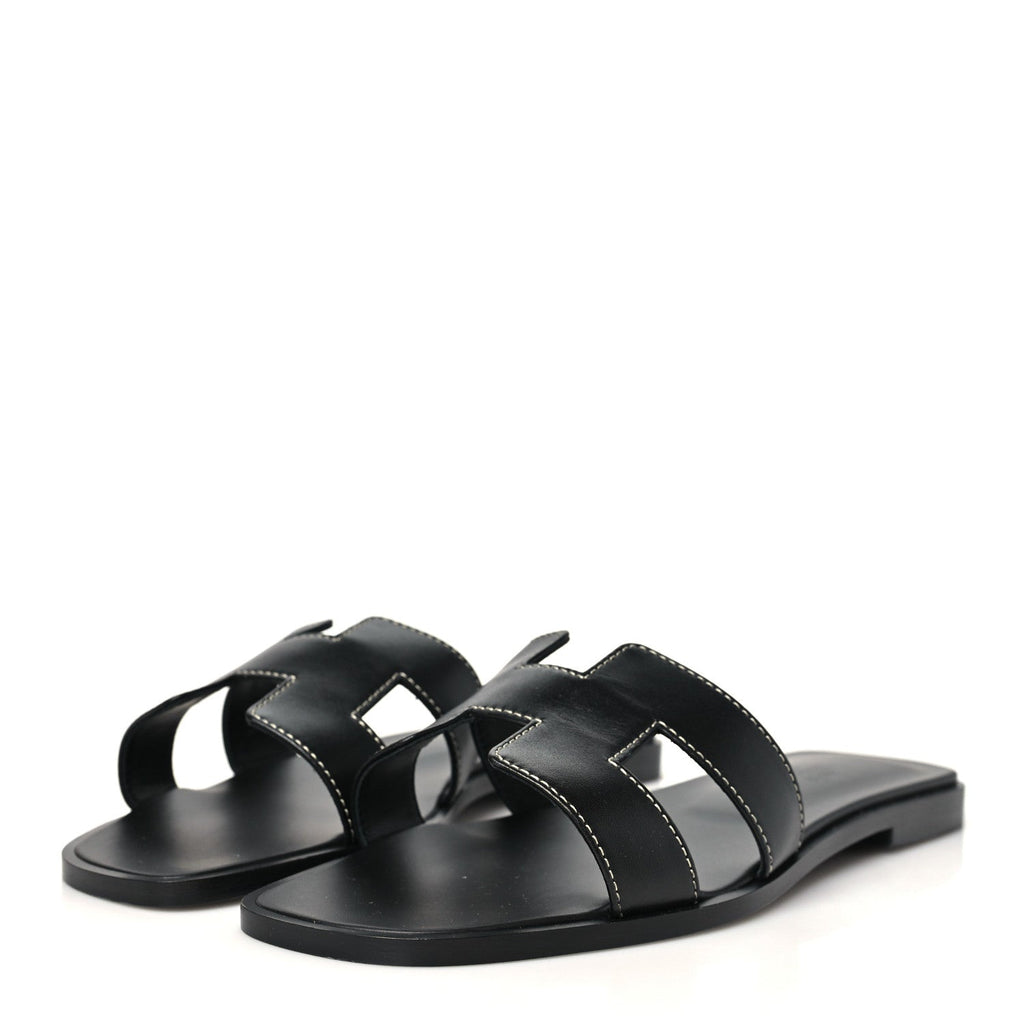 Hermès Box Calfskin Women's Oran Sandals 37.5 Black