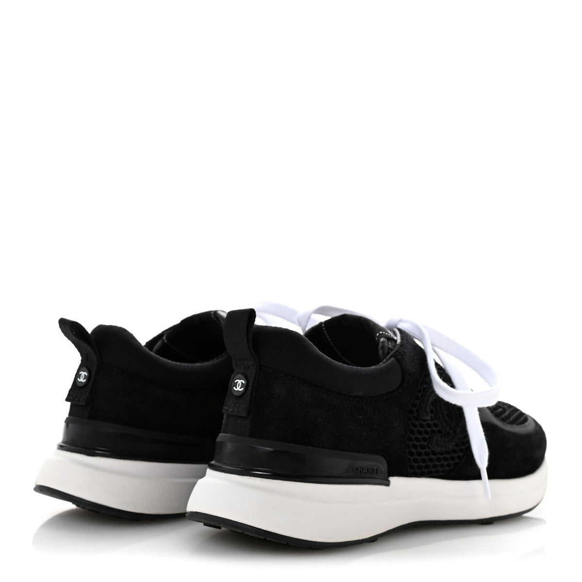 Chanel Calfskin Mesh Lycra Suede Women's Logo Sneakers 36 Black