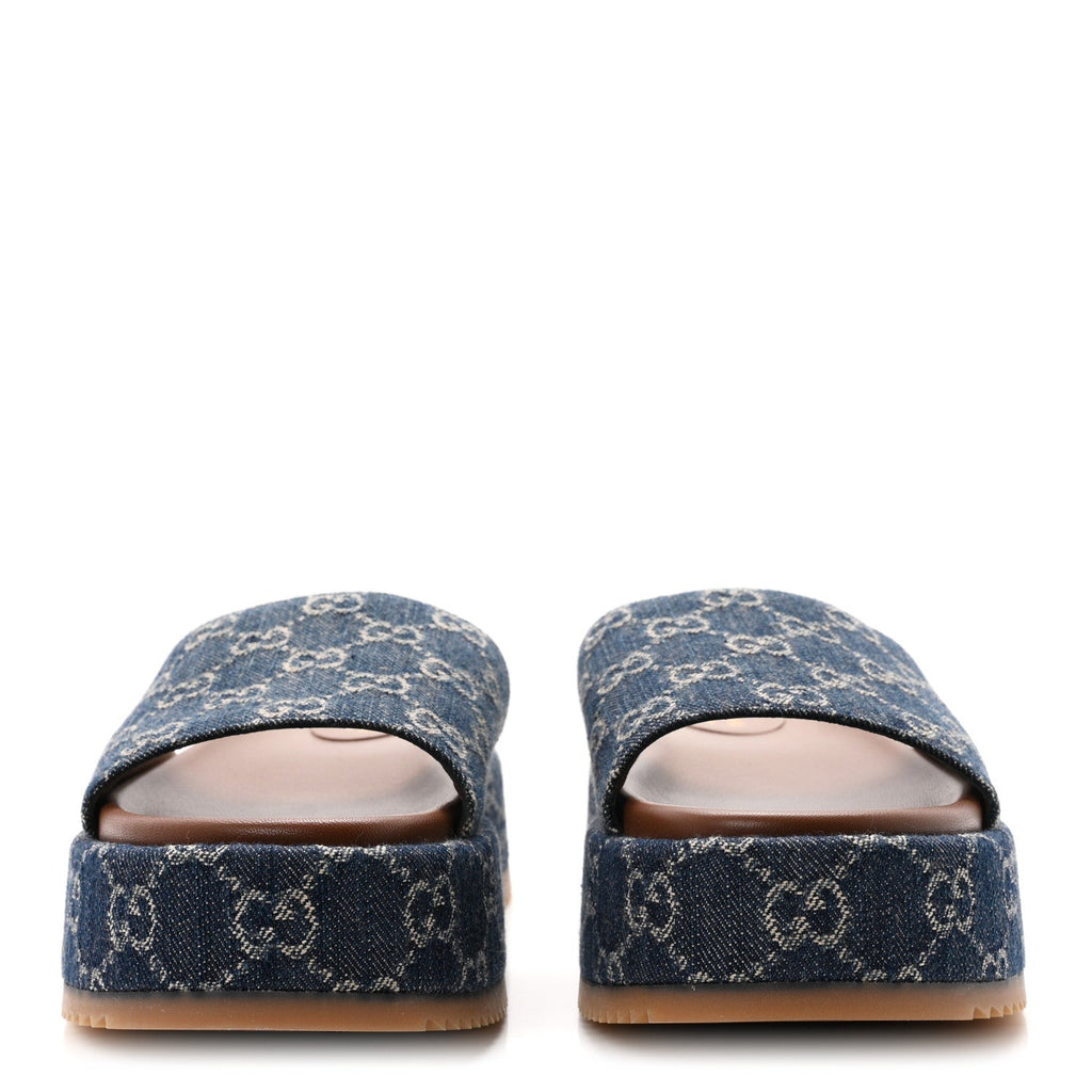 Gucci Denim Women's GG Monogram Angelina Platform Slide Sandals 40.5 Blue Tea