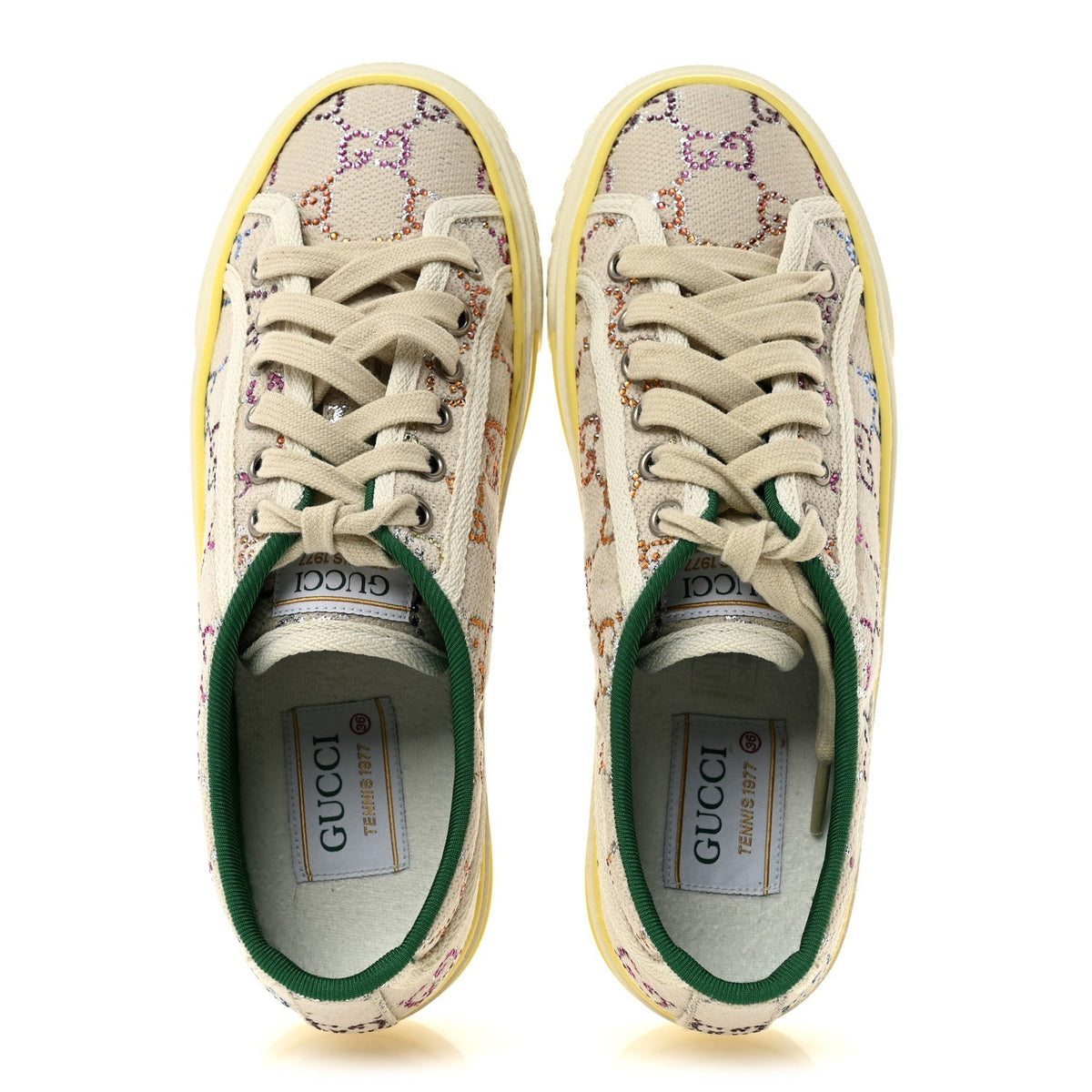 Gucci Canvas Lame Crystal Women's 1977 Tennis Sneakers 36 Gardenia Silver Mystic White