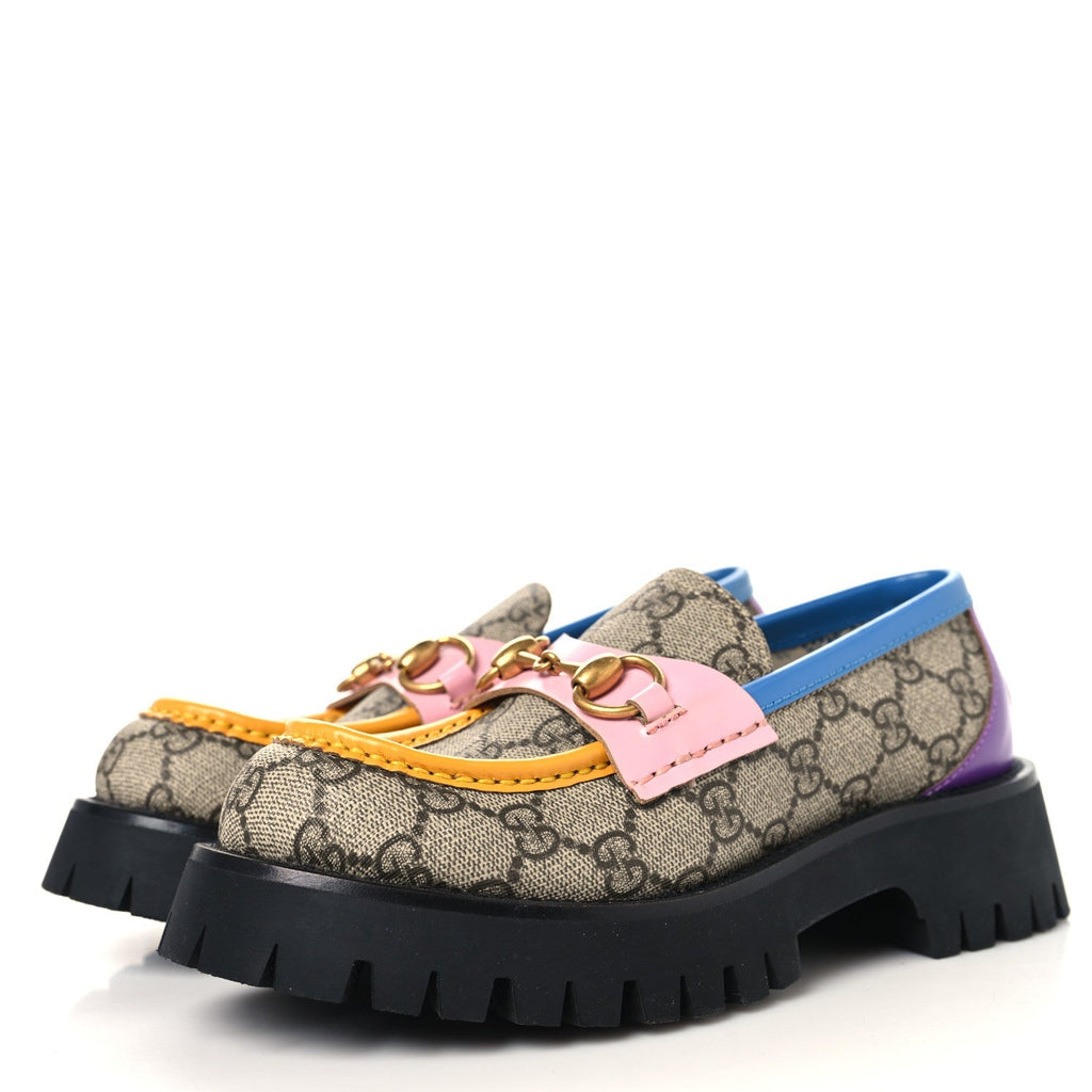 Gucci GG Supreme Women's Harald Horsebit 25mm Platform Loafers 35.5 Beige Pink