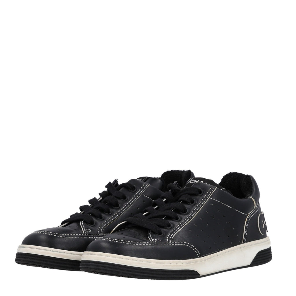 Chanel Calfskin Women's Logo Sneakers 38 Black White