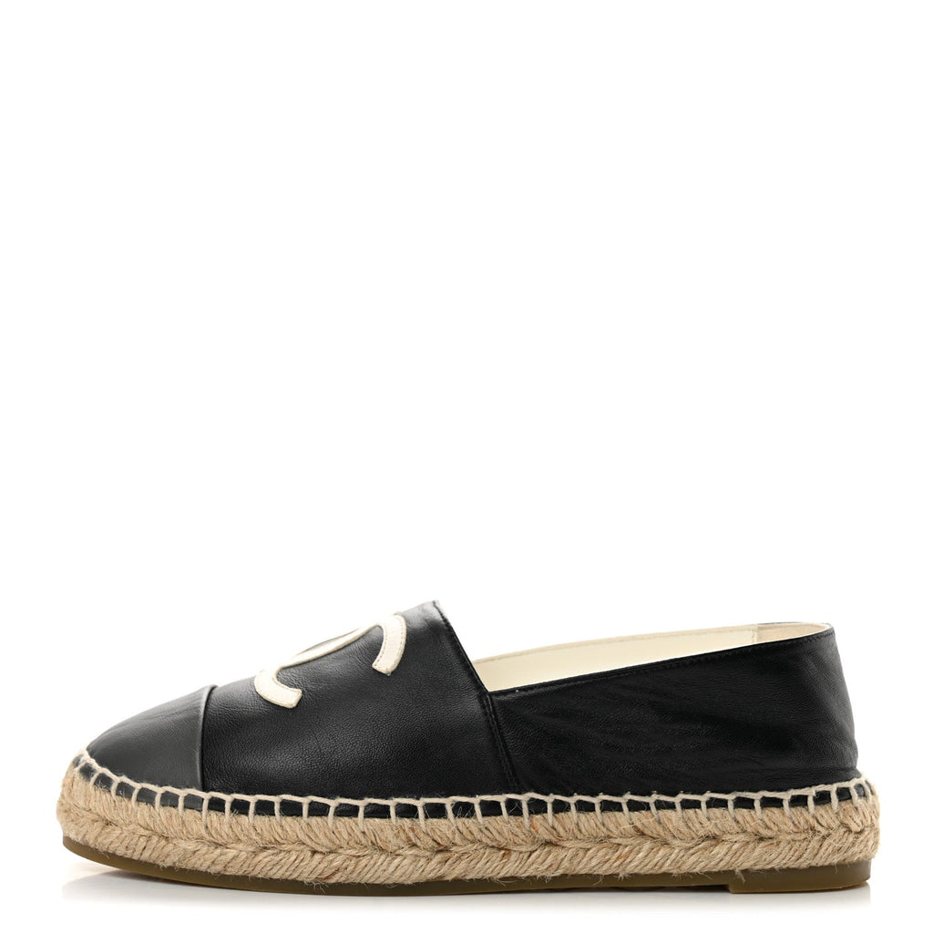 Chanel Lambskin CC Women's Espadrilles 37 Black White Dark Grey