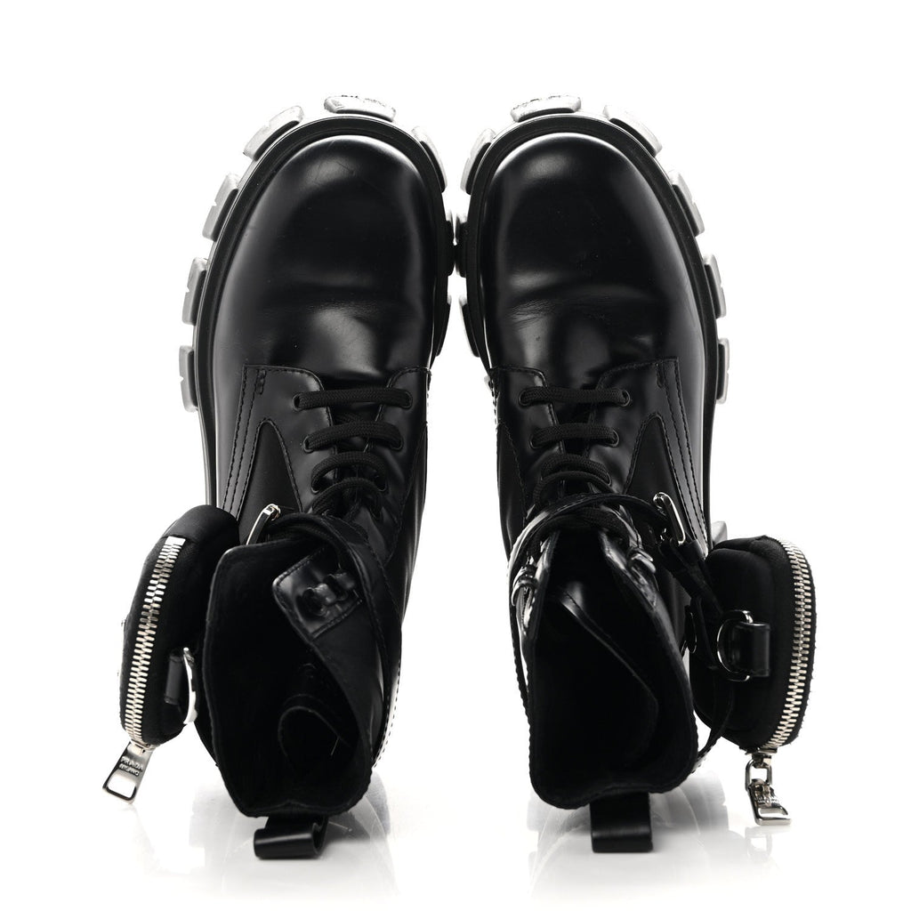 Prada Spazzolato Calfskin Nylon Women's Monolith Pouch Boots 38 Black