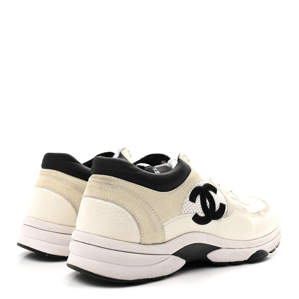 Chanel Mesh Suede Calfskin Womens CC Sneakers 39.5 White Black