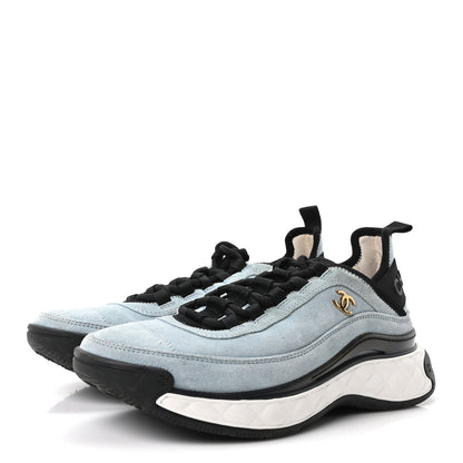 Chanel Suede Calfskin Nylon Grosgrain Women's CC Sneakers 38.5 Light Blue