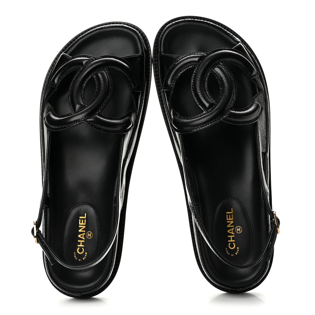 Chanel Lambskin CC Cut Out Women's Dad Sandals 40 Black