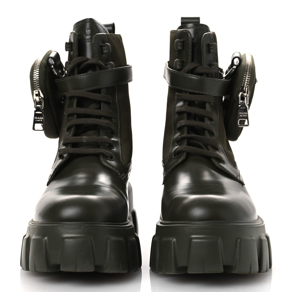 Prada Spazzolato Rois Re-Nylon Women's Monolith Boots 40 Militare