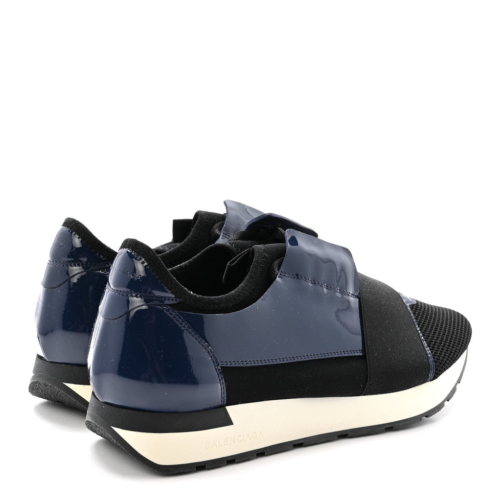 Balenciaga Patent Calfskin Neoprene Mesh Suede Men's Race Runner Sneakers 43 Black Navy