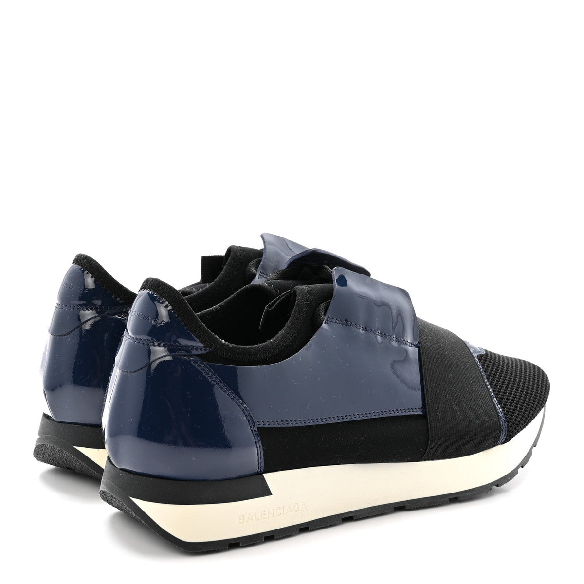 Balenciaga Patent Calfskin Neoprene Mesh Suede Men's Race Runner Sneakers 43 Black Navy