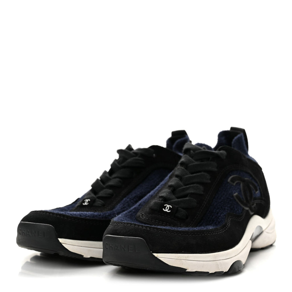 Chanel Knit Fabric Suede Calfskin CC Women's Sneakers Navy Black