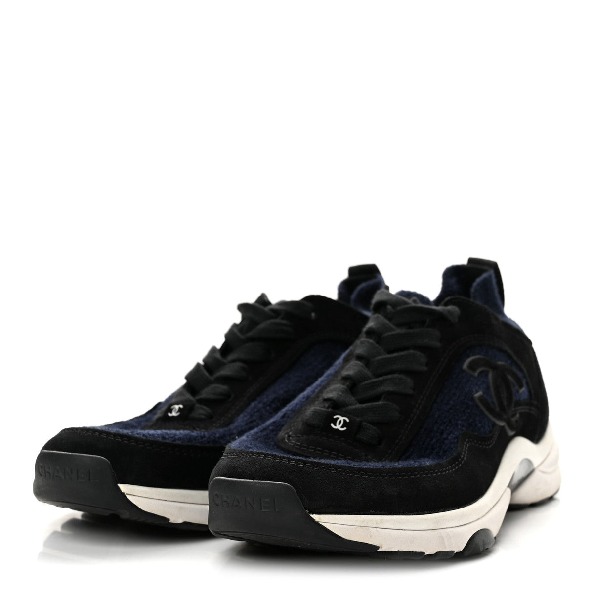 Chanel Knit Fabric Suede Calfskin CC Women's Sneakers Navy Black