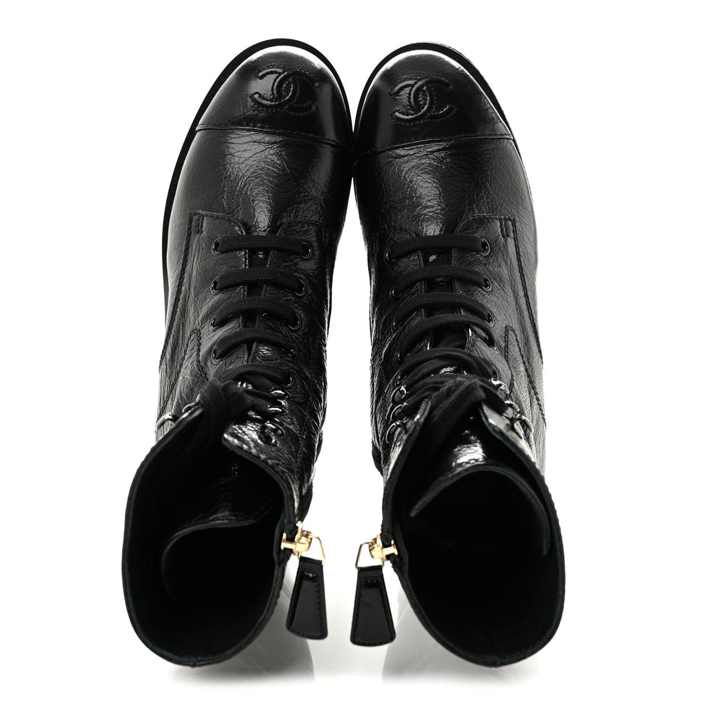 Chanel Shiny Crumpled Lambskin Lace Up Combat Women's Boots