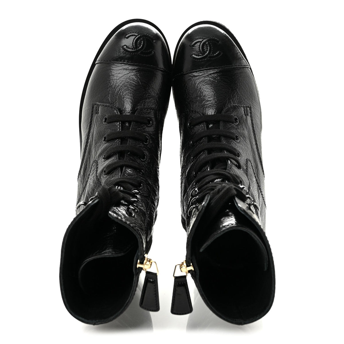 Chanel Shiny Crumpled Lambskin Lace Up Combat Women's Boots