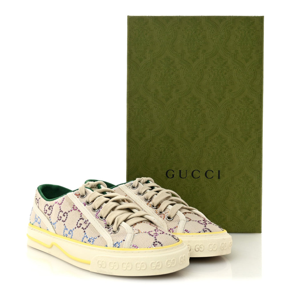 Gucci Canvas Lame Crystal Women's 1977 Tennis Sneakers 36 Gardenia Silver Mystic White