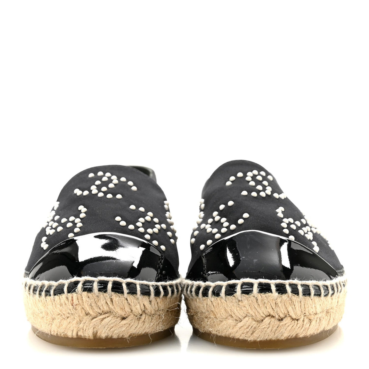 Chanel Neoprene Patent Calfskin Women's Pearl CC Espadrilles 35 Black White
