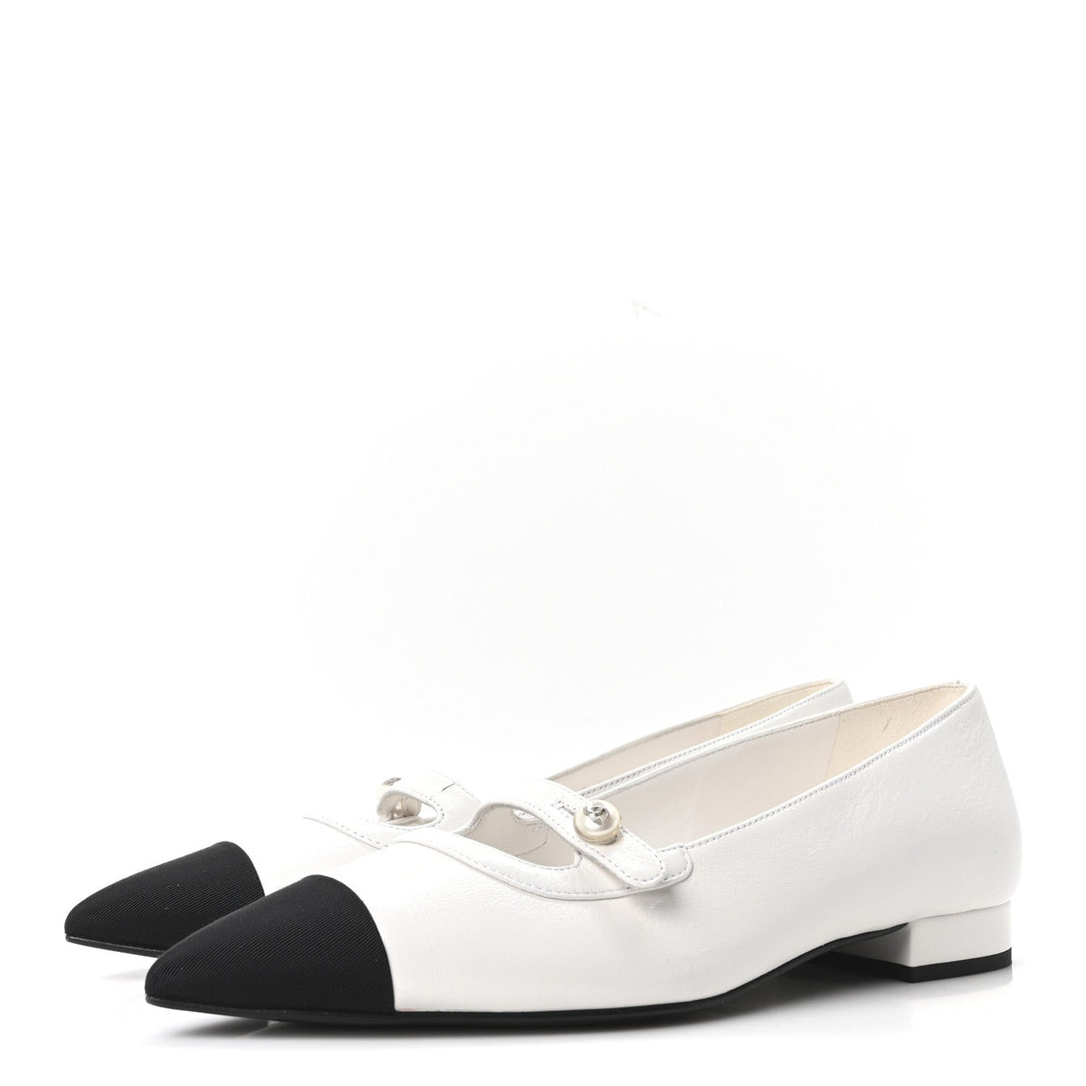 Chanel Lambskin Grosgrain Women's Pearl Mary Janes Flats 37.5 White Black