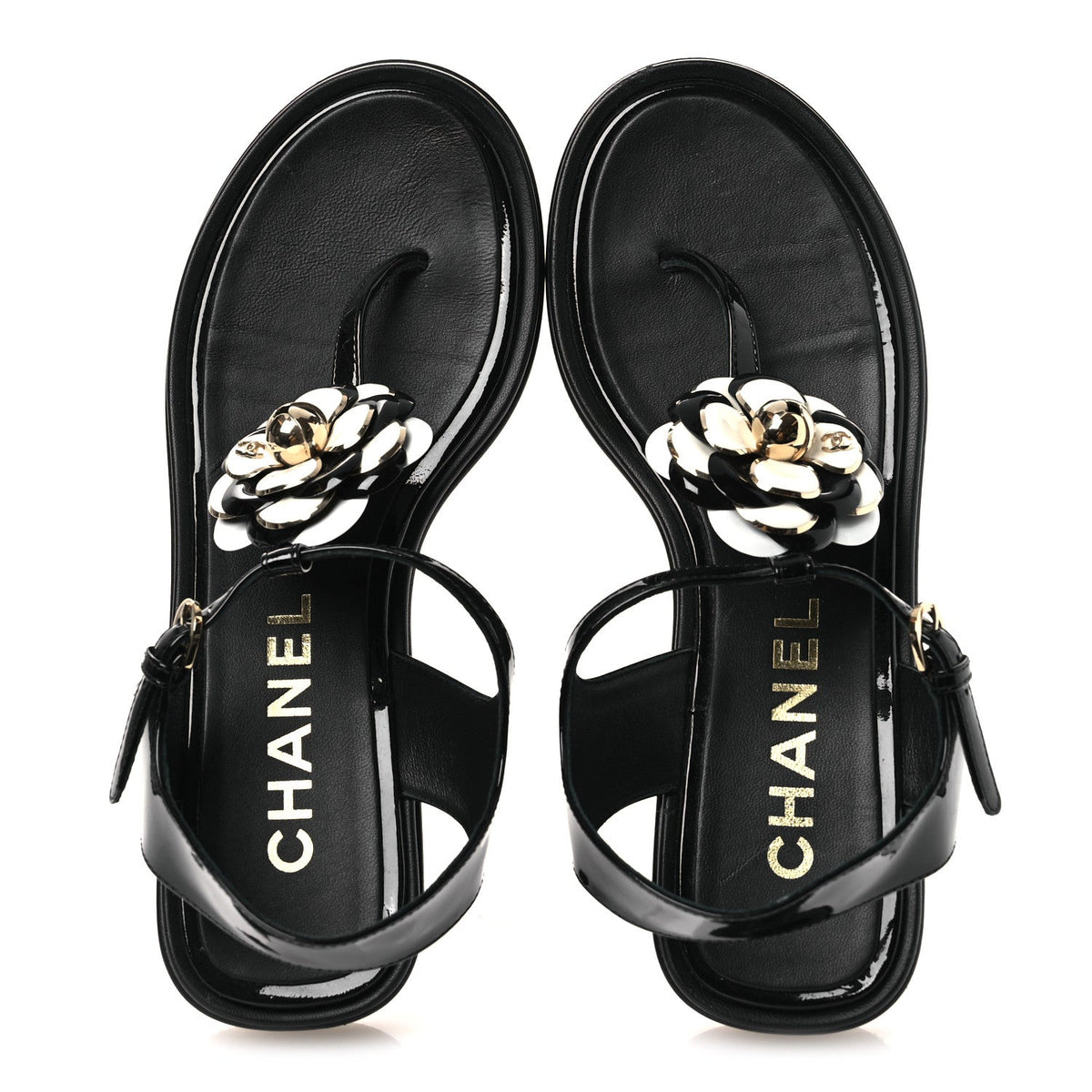 Chanel Patent Calfskin Women's Camellia Thong Sandals 37 Black White