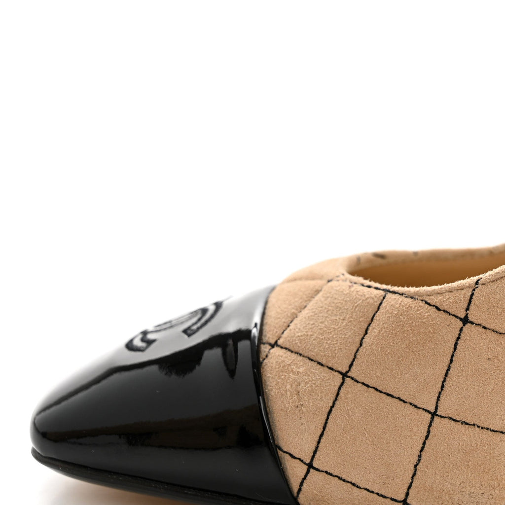 Chanel Suede Patent Women's Quilted CC Cap Toe Pumps 39 Beige Black