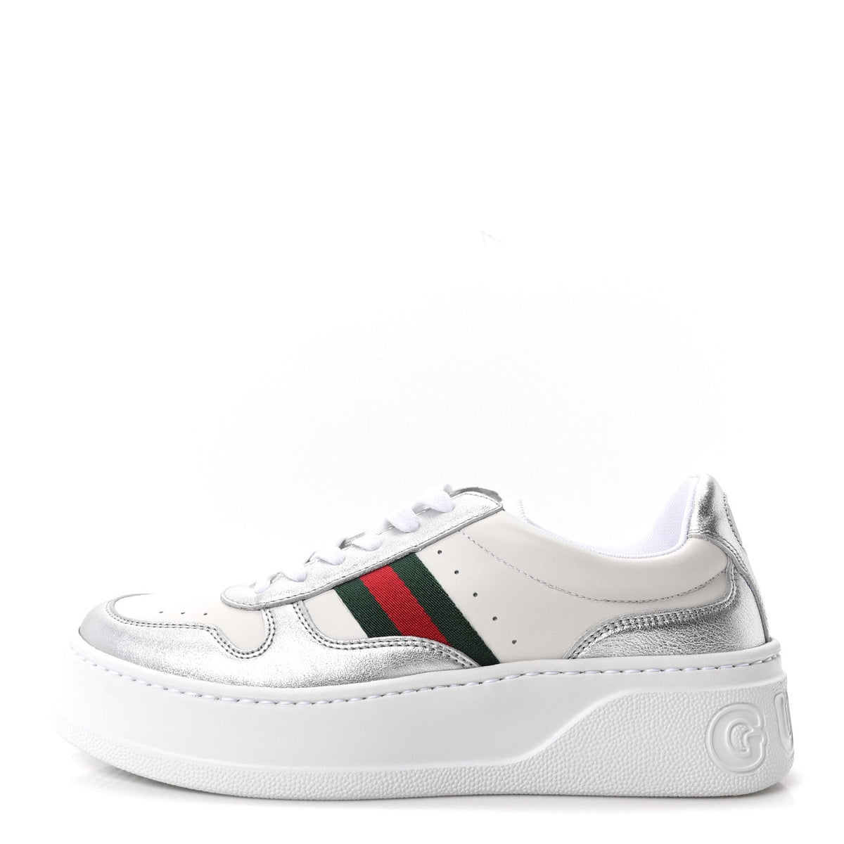 Gucci Metallic Nappa Web Women's Chunky Sneakers 38 Silver